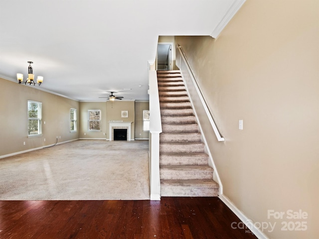 stairs featuring ornamental molding, wood-type flooring, and ceiling fan with notable chandelier