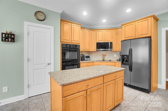 kitchen with recessed lighting, decorative backsplash, light tile patterned flooring, light stone countertops, and black appliances