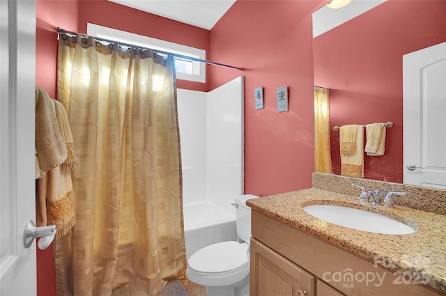 full bathroom with shower / bath combination with curtain, vanity, and toilet