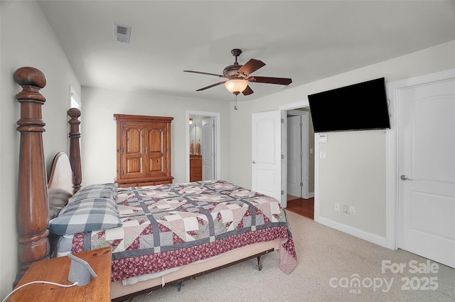 bedroom featuring light carpet, a ceiling fan, visible vents, and baseboards