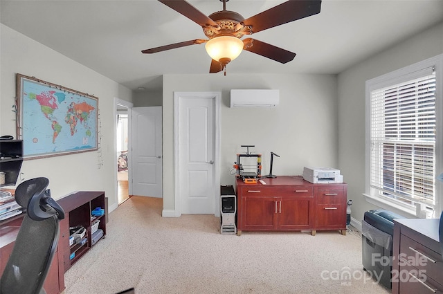 office with ceiling fan, baseboards, an AC wall unit, and light colored carpet