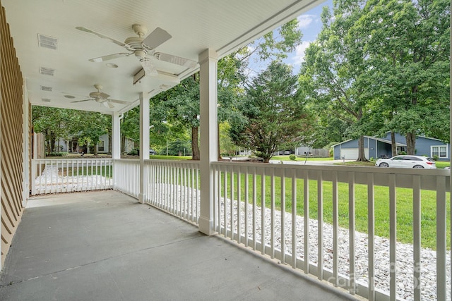 view of patio with a porch and ceiling fan