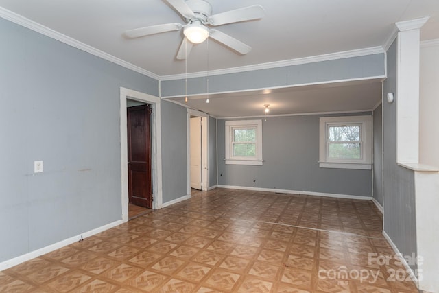 empty room with light parquet floors, ceiling fan, and ornamental molding