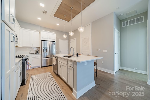 kitchen with sink, an island with sink, white cabinetry, stainless steel appliances, and wood ceiling