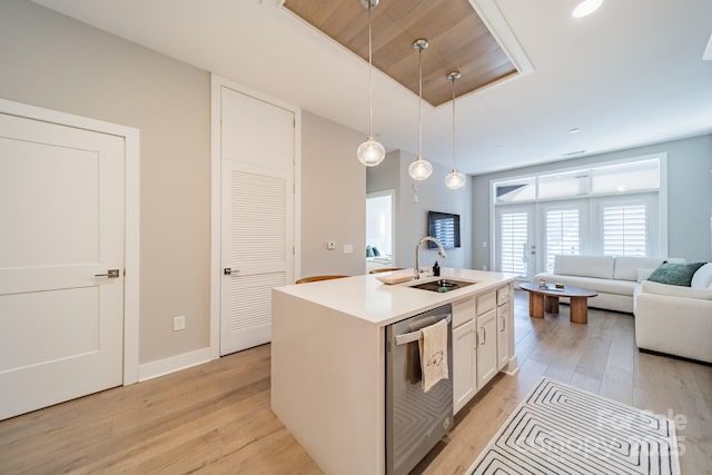 kitchen featuring white cabinets, wood ceiling, sink, dishwasher, and hanging light fixtures