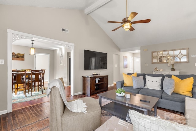 living room featuring ceiling fan, beamed ceiling, hardwood / wood-style flooring, and high vaulted ceiling