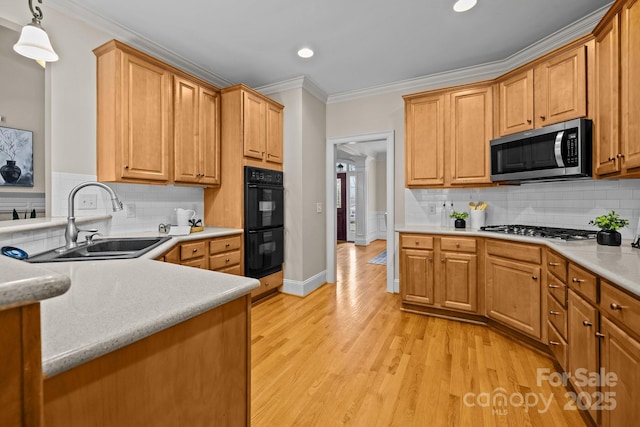 kitchen with pendant lighting, sink, crown molding, light hardwood / wood-style flooring, and appliances with stainless steel finishes