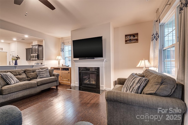 living room featuring dark hardwood / wood-style floors, ceiling fan, and a healthy amount of sunlight