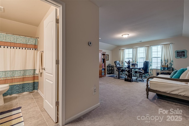 carpeted bedroom with vaulted ceiling