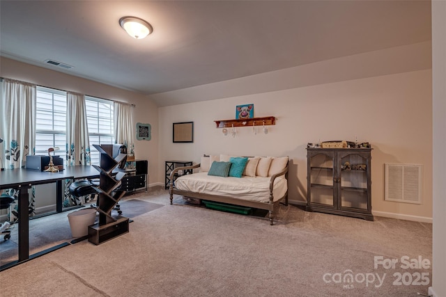 carpeted bedroom with vaulted ceiling