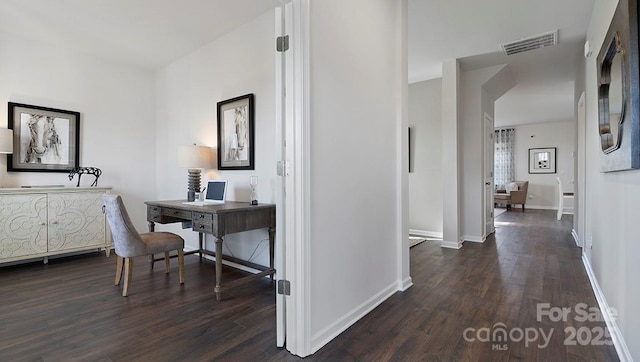 office area with dark hardwood / wood-style floors