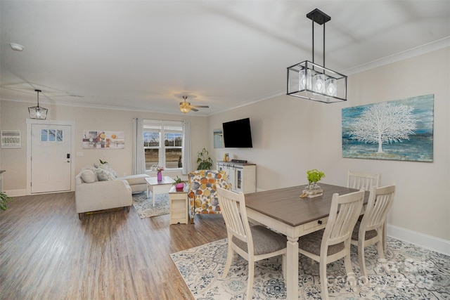 dining room featuring crown molding, ceiling fan, and wood-type flooring