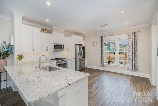 kitchen featuring sink, stainless steel appliances, kitchen peninsula, and white cabinets