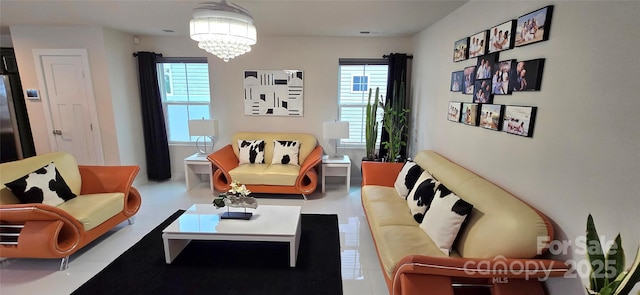 living room featuring an inviting chandelier