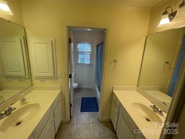 bathroom featuring a shower with curtain, tile patterned floors, toilet, vanity, and ornamental molding