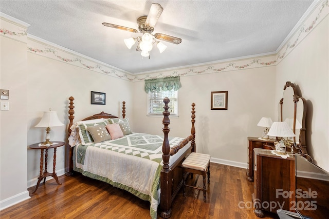 bedroom featuring a textured ceiling, ceiling fan, dark hardwood / wood-style floors, and ornamental molding