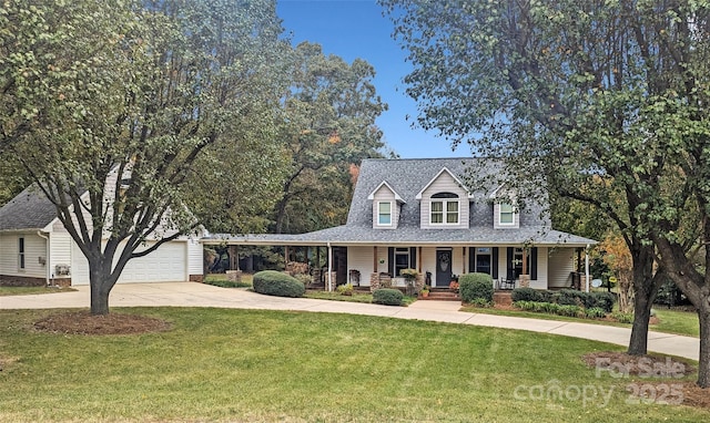 view of front facade featuring a porch, a garage, a front lawn, and an outdoor structure