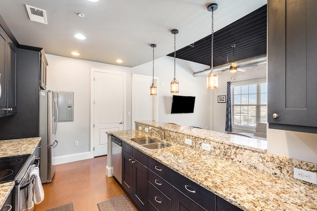 kitchen with sink, appliances with stainless steel finishes, light stone counters, dark brown cabinetry, and decorative light fixtures