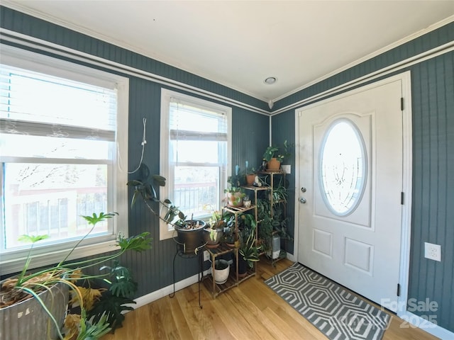 entryway with hardwood / wood-style floors and ornamental molding