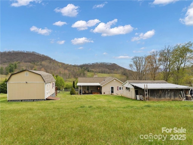 view of yard featuring a mountain view and an outbuilding