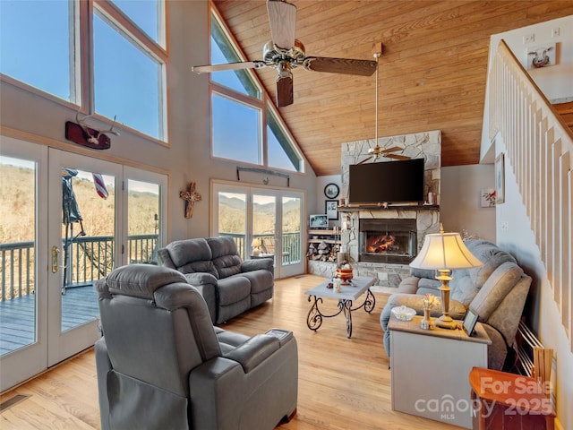 living room featuring ceiling fan, plenty of natural light, high vaulted ceiling, and wooden ceiling