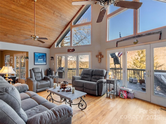 living room with light hardwood / wood-style flooring, high vaulted ceiling, and wood ceiling