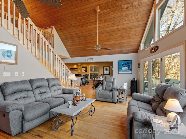 living room featuring wood ceiling, ceiling fan, high vaulted ceiling, and light hardwood / wood-style floors