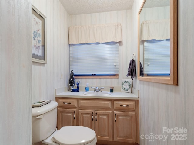 bathroom with vanity, a textured ceiling, and toilet