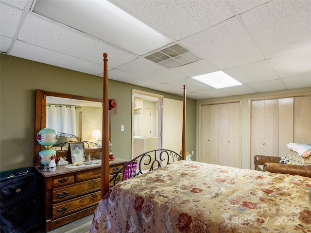 bedroom featuring a paneled ceiling and multiple closets