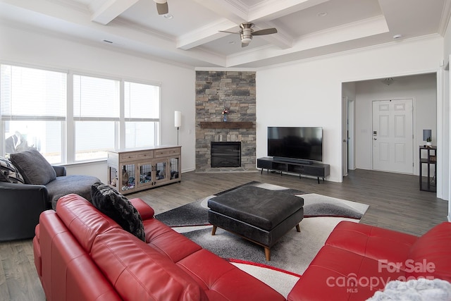 living room with hardwood / wood-style floors, ceiling fan, and a stone fireplace