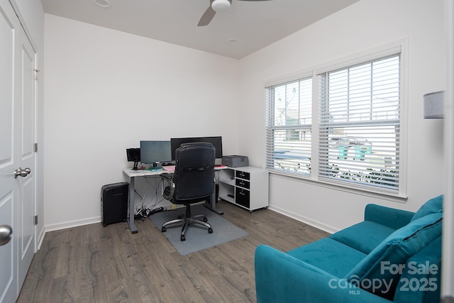 office space featuring ceiling fan and wood-type flooring