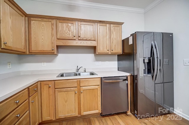 kitchen featuring sink, crown molding, dishwasher, refrigerator with ice dispenser, and light hardwood / wood-style floors