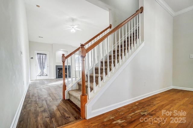 staircase with wood-type flooring, crown molding, and ceiling fan