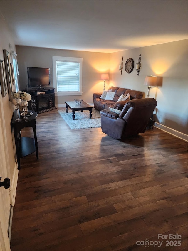 living room with dark hardwood / wood-style floors