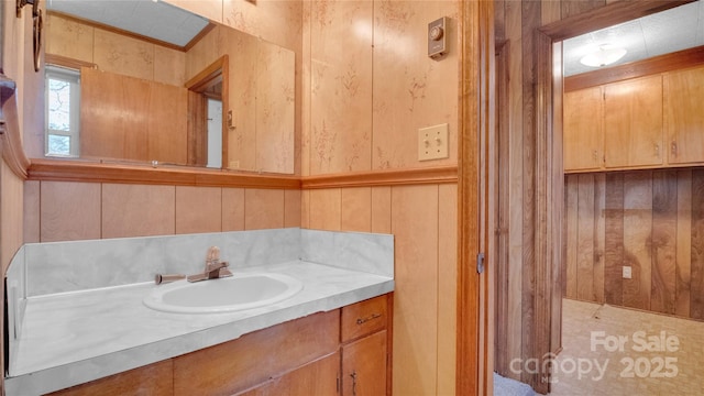 bathroom with vanity and wood walls