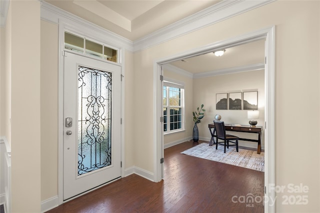 entryway featuring dark hardwood / wood-style flooring and ornamental molding