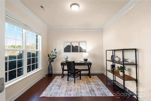 home office featuring dark hardwood / wood-style floors and crown molding