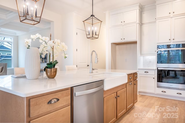 kitchen with white cabinetry, stainless steel appliances, sink, and an island with sink