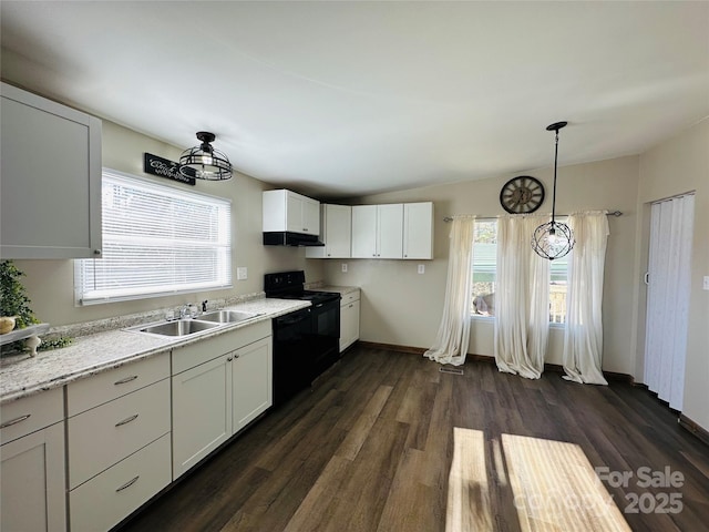 kitchen with pendant lighting, white cabinets, black appliances, sink, and dark hardwood / wood-style floors