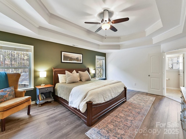 bedroom featuring a raised ceiling, multiple windows, and ceiling fan