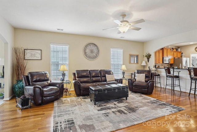 living room featuring plenty of natural light, ceiling fan, and light wood-type flooring