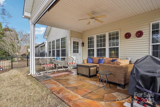 view of patio / terrace featuring outdoor lounge area, ceiling fan, and a grill