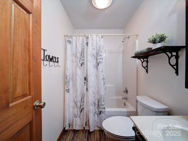 full bathroom with vanity, toilet, shower / tub combo, and wood-type flooring