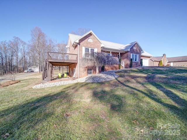 view of front of property with a wooden deck and a front yard