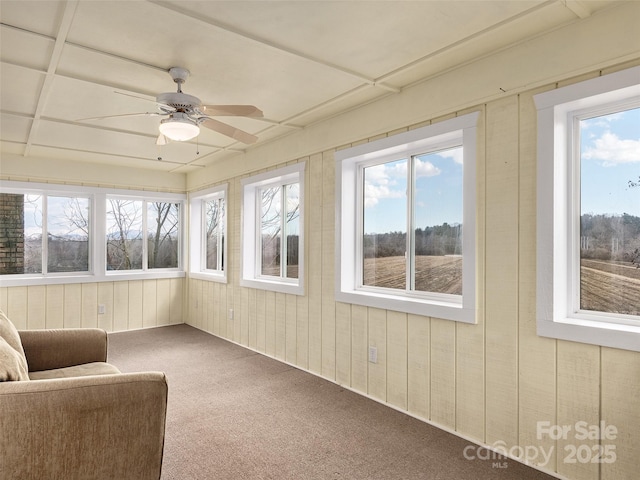 unfurnished sunroom with ceiling fan