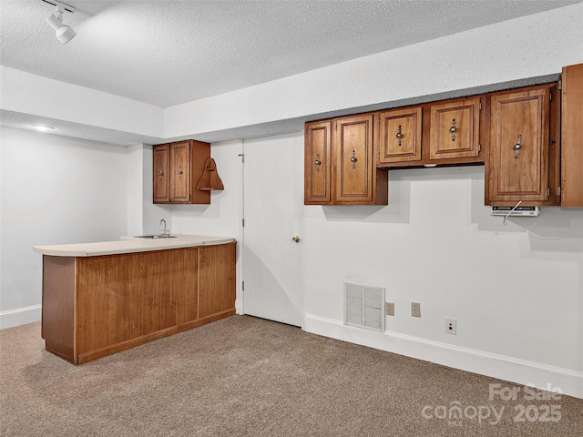 kitchen featuring kitchen peninsula, a textured ceiling, light colored carpet, and sink