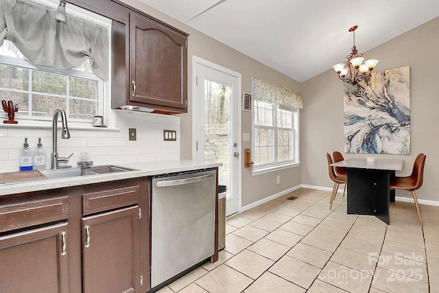 kitchen featuring pendant lighting, sink, lofted ceiling, backsplash, and stainless steel dishwasher