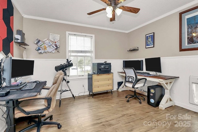 office area with hardwood / wood-style flooring, ceiling fan, crown molding, and a textured ceiling