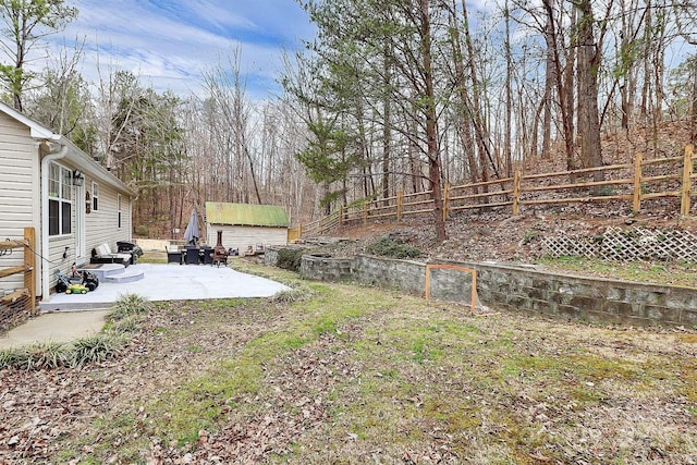 view of yard with a shed and a patio area