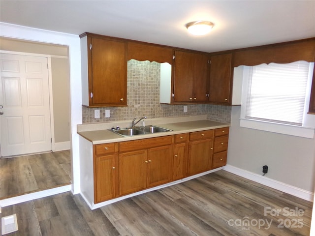 kitchen featuring dark hardwood / wood-style flooring, backsplash, and sink